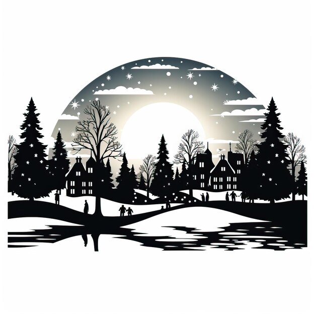 Foto eine silhouette des winter-wunderlandes, schwarzes symbol, illustration, sterne, hintergrund, weihnachtskarte für das neue jahr 2024