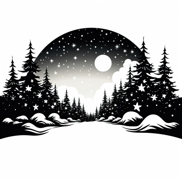 Foto eine silhouette des winter-wunderlandes, schwarzes symbol, illustration, sterne, hintergrund, weihnachtskarte für das neue jahr 2024