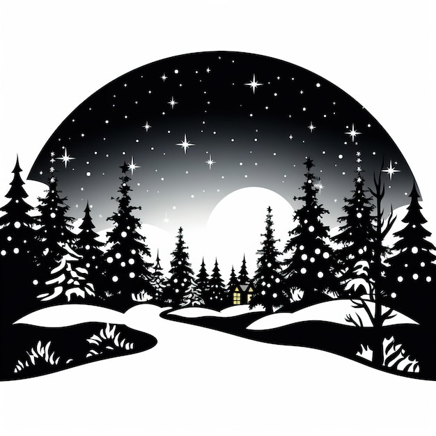 eine Silhouette des Winter-Wunderlandes, schwarzes Symbol, Illustration, Sterne, Hintergrund, Weihnachtskarte für das neue Jahr 2024