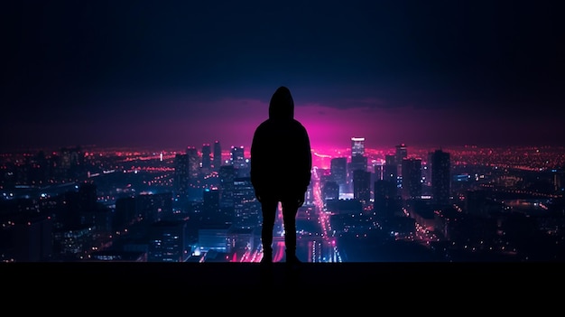 Eine Silhouette, die am Rand eines Wolkenkratzers steht und nachts über eine helle Neonstadt blickt. Generative KI