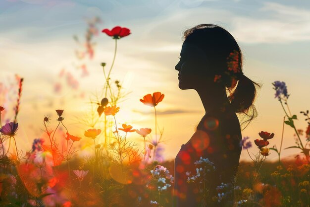 Eine Silhouette einer Frau in einem Blumenfeld mit einer Sonne im Hintergrund