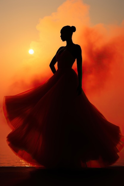 eine Silhouette einer Frau in einem langen Kleid