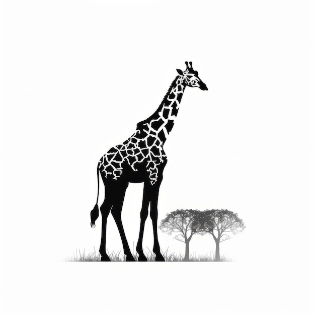 Foto eine silhouette einer giraffe, die auf einem feld steht, mit einem baum im hintergrund