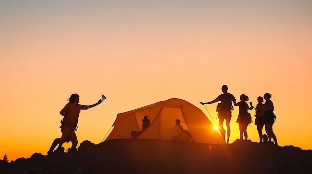 Eine Silhouette einer Gruppe von Menschen vergnügt sich während des Sonnenuntergangs auf dem Gipfel des Berges in der Nähe des Zeltes