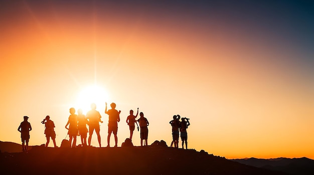 Eine Silhouette einer Gruppe von Menschen vergnügt sich während des Sonnenuntergangs auf dem Gipfel des Berges in der Nähe des Zeltes