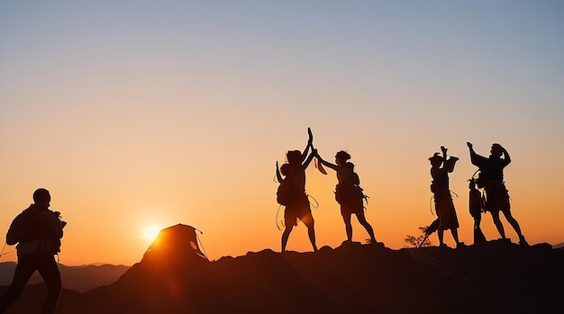 Eine Silhouette einer Gruppe von Menschen vergnügt sich während des Sonnenuntergangs auf dem Gipfel des Berges in der Nähe des Zeltes