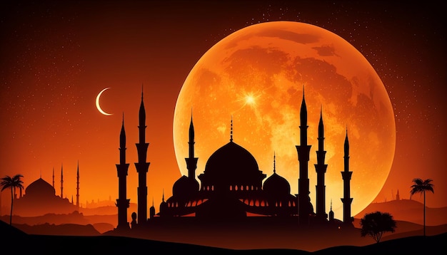 Eine Silhouette einer Moschee mit Vollmond im Hintergrund