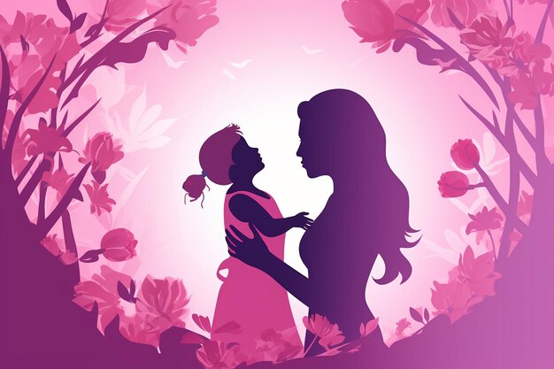 eine Silhouette einer Mutter und eines Kindes mit Blumen im Hintergrund.