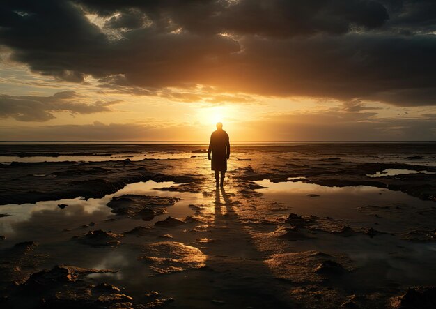 Eine Silhouette einer Person, die allein auf einem einsamen Strand steht. Ihre Körpersprache vermittelt eine