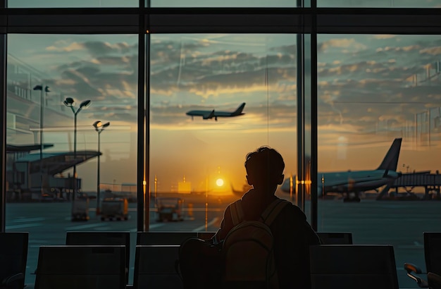 eine Silhouette einer Person, die aus einem Fenster auf ein Flugzeug schaut