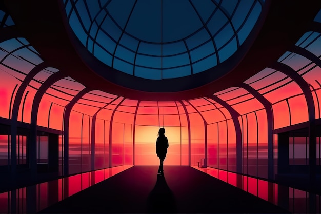 Eine Silhouette einer Person, die in einem Gebäude steht, mit einem Sonnenuntergang im Hintergrund. Generatives KI-Bild
