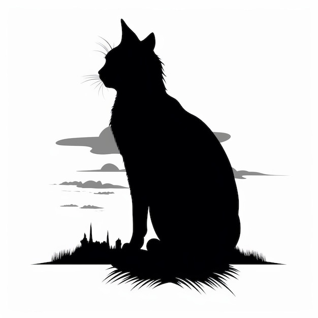 Foto eine silhouette einer schwarzen katze, die auf einem grasbedeckten feld sitzt