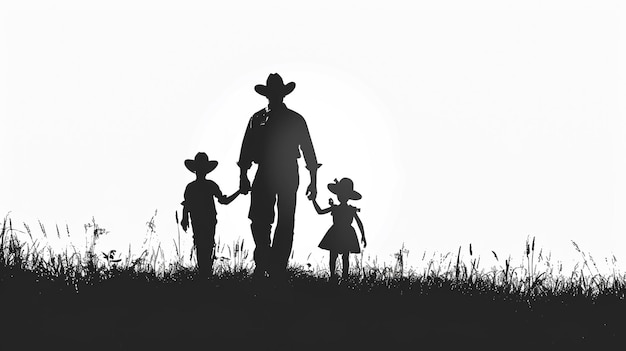 eine Silhouette eines Cowboys und eines Mädchens, die sich an den Händen halten, und ein Cowboyhut