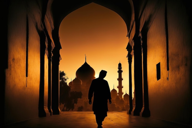 Eine Silhouette eines Mannes, der vor einer Silhouette einer Moschee betet und geht