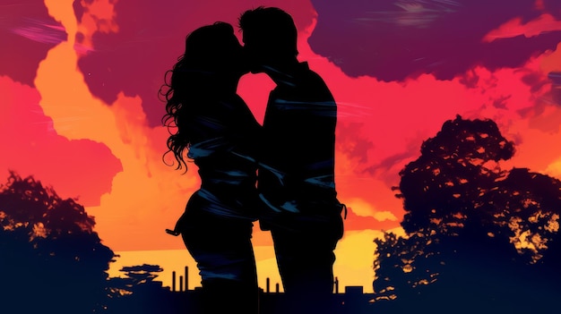 Eine Silhouette eines Paares, das sich bei Sonnenuntergang küsst