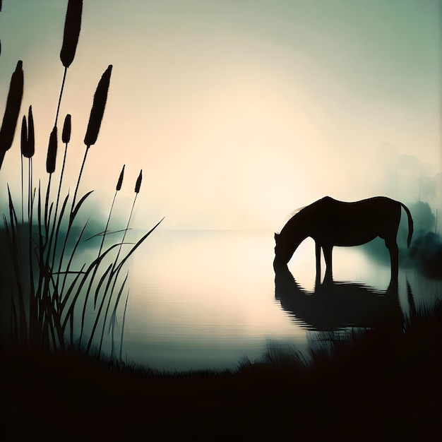 eine Silhouette eines Pferdes und ein See mit der Silhouette eines Pferdes im Vordergrund