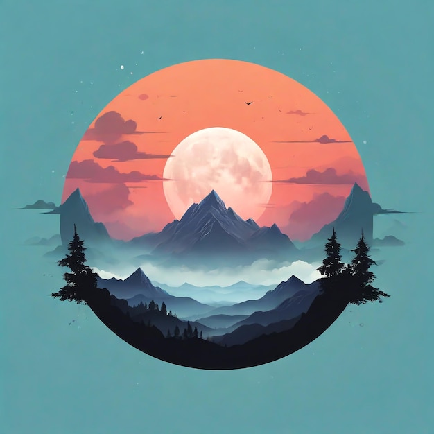 Eine Silhouette von Bergen mit einer Silhouette eines großen Mondes am Himmel