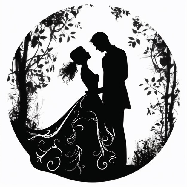 Foto eine silhouette von braut und bräutigam in einem hochzeitskleid, die in einem wald stehen