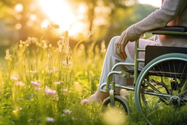 Eine sitzende Frau in einem Rollstuhl auf einem Feld in der Nähe von Blumen, Foto in hoher Qualität