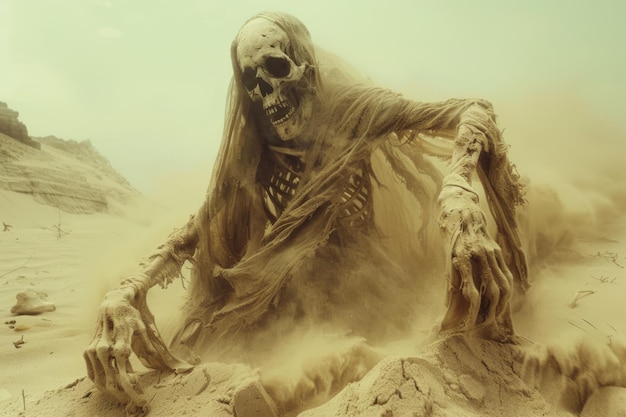 eine Skelett-Hexe aus Sand, umgeben von einem Sandsturm im Wüsten-Ambiente