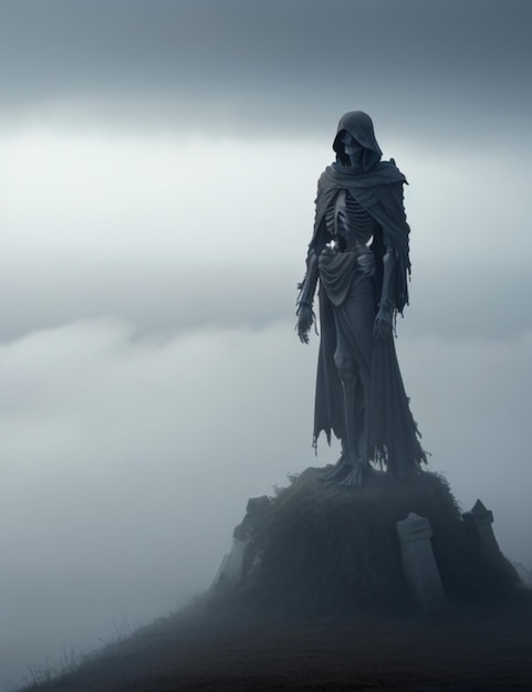 Eine Skelettfigur, in einen zerfetzten Umhang gehüllt, steht auf einem Hügel und blickt auf eine weite Fläche