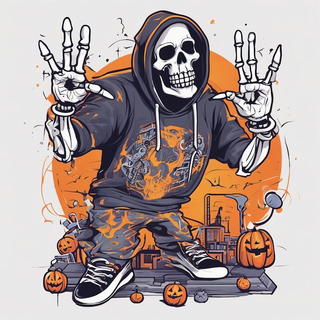 Eine Skelettfigur mit einem T-Shirt im klassischen Hip-Hop-Design, T-Shirt-Design zu Halloween