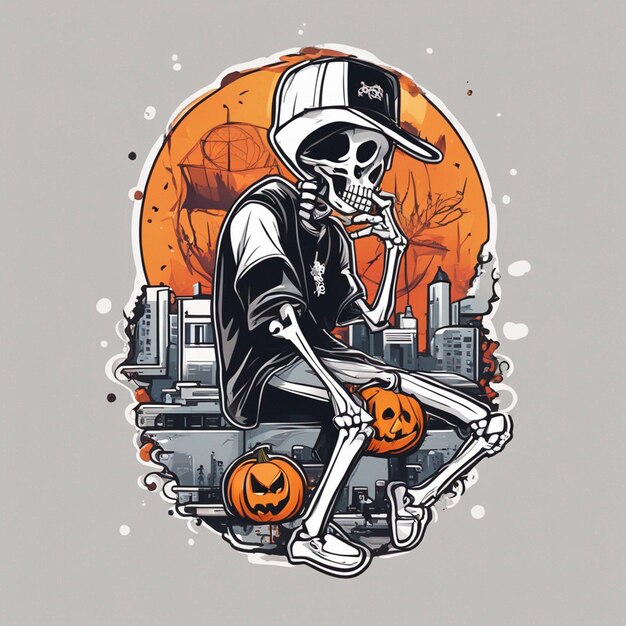 Eine Skelettfigur mit einem T-Shirt im klassischen Hip-Hop-Design, T-Shirt-Design zu Halloween