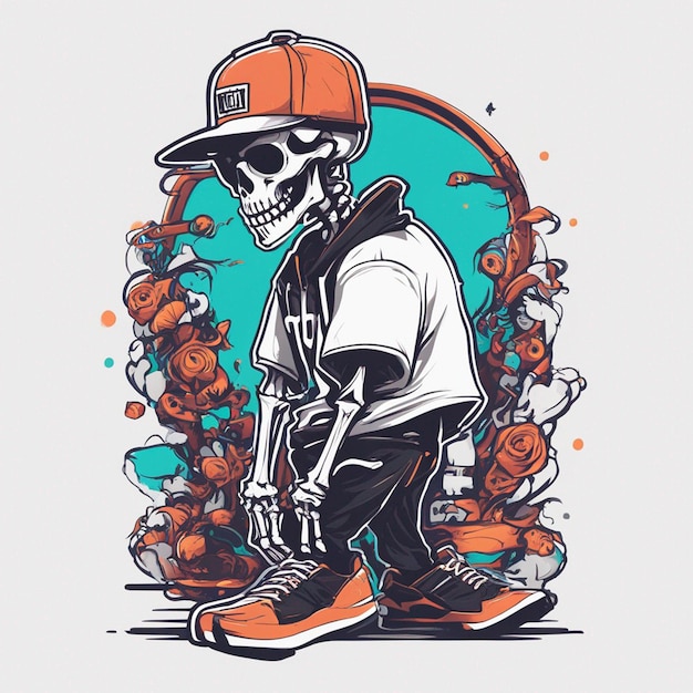 Foto eine skelettfigur mit einem t-shirt im klassischen hip-hop-design, t-shirt-design zu halloween