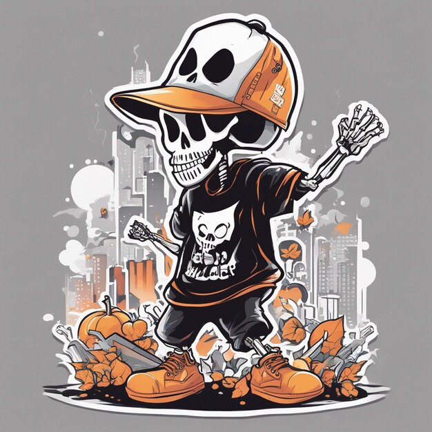 Eine Skelettfigur mit einem T-Shirt im klassischen Hip-Hop-Design, T-Shirt-Design zu Halloween