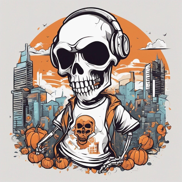 Eine Skelettfigur mit einem T-Shirt im klassischen Hip-Hop-Design, T-Shirt-Design zu Halloween