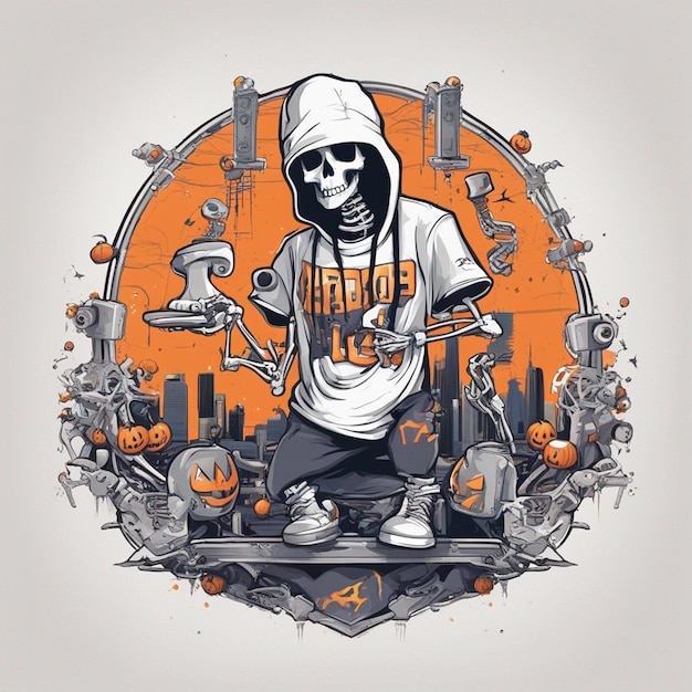 Eine Skelettfigur mit einem T-Shirt im klassischen Hip-Hop-Design, T-Shirt-Design zu Halloween