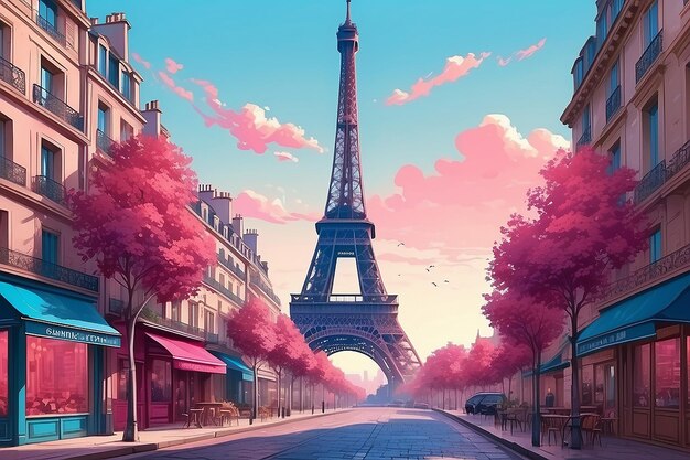 Eine Skizze des Eiffelturms in Paris im Stil farbenfroher Straßenszenen