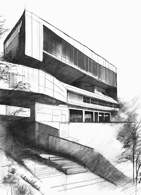 Foto eine skizze des gebäudes der architekturfakultät, das auf einem geneigten gelände gebaut wurde