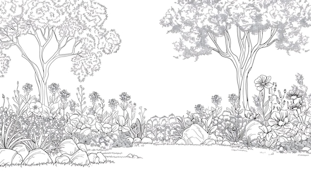eine Skizze eines Gartens mit einem Baum und einem Felsen