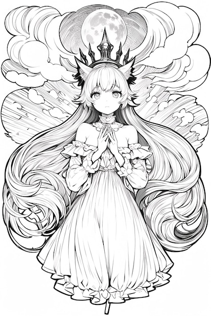 Eine Skizze eines Mädchens mit langen Haaren und einer Krone auf dem Kopf.