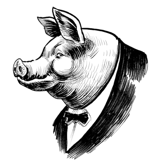 Eine Skizze eines Schweins, das einen Smoking trägt