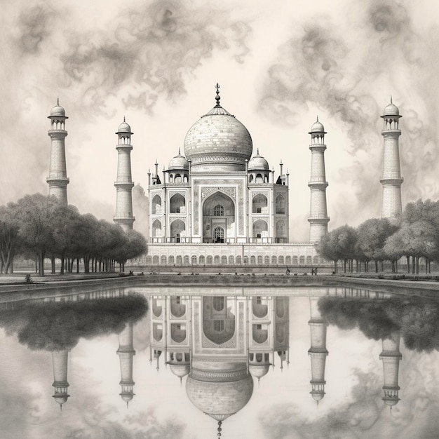 Eine Skizze eines Taj Mahal mit einer Spiegelung des Wassers.