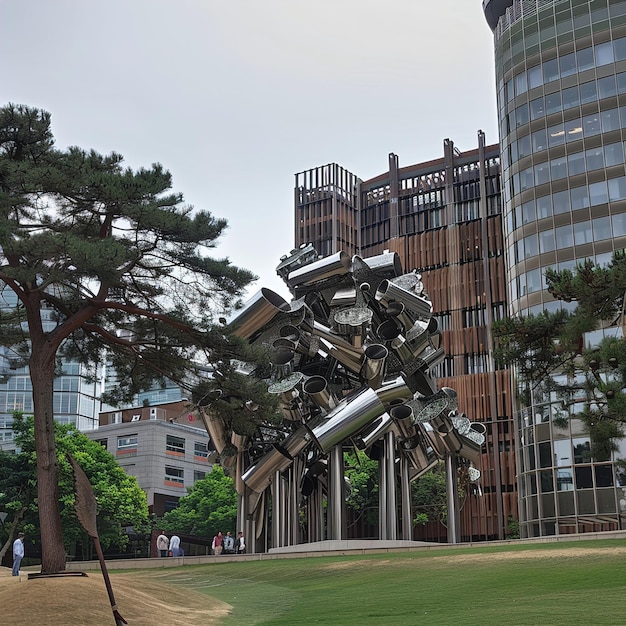 eine Skulptur eines Baumes steht vor einem Gebäude mit einem Gebäude im Hintergrund