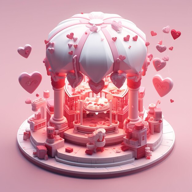 eine Skulptur eines Schädels mit Herzen und einem rosa Hintergrund.