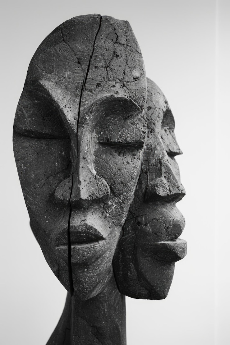 Foto eine skulptur mit zwei gesichtern, von denen eines fehlt