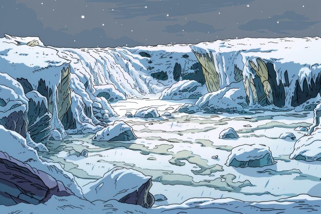 Foto eine skurrile cartoon-illustration eines gefrorenen wasserfalls, geeignet für designs mit winterthemen