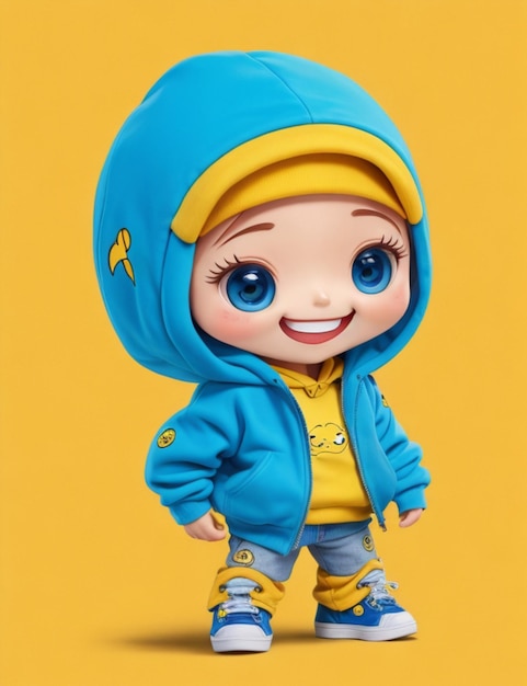 Eine skurrile Chibi-Figur mit einem verschmitzten Lächeln, die einen leuchtend gelben Kapuzenpullover trägt