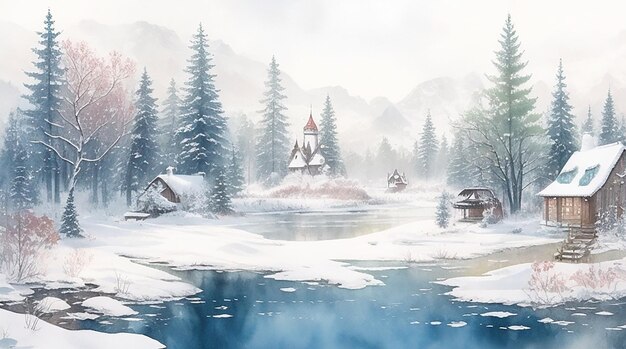 Eine skurrile, handgezeichnete nordische Landschaft mit einem magischen Märchengefühl, charmant umgesetzt
