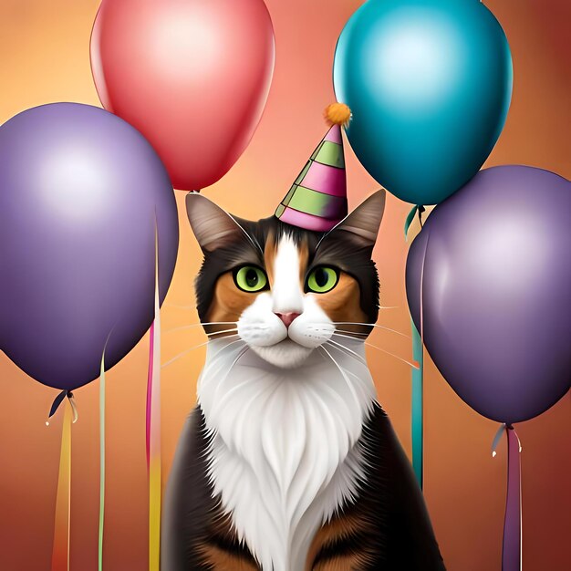 Eine skurrile Illustration einer Katze mit Partyhut, umgeben von Luftballons