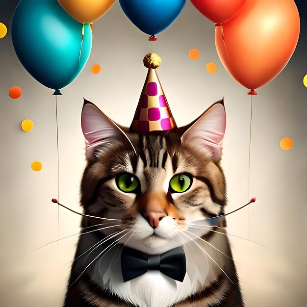 Eine skurrile Illustration einer Katze mit Partyhut, umgeben von Luftballons