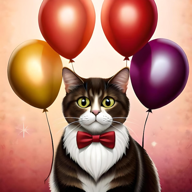 Eine skurrile Illustration einer Katze mit Partyhut, umgeben von Luftballons