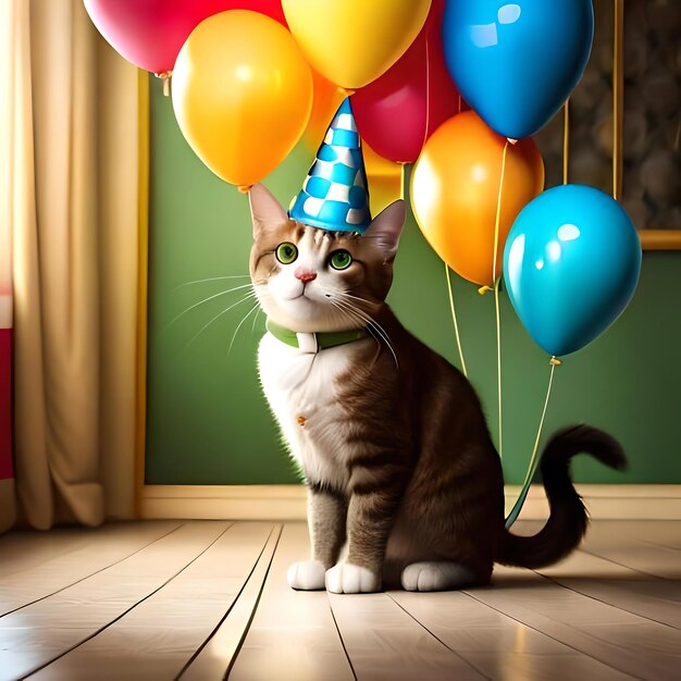 Eine skurrile Illustration einer Katze mit Partyhut, umgeben von Luftballons