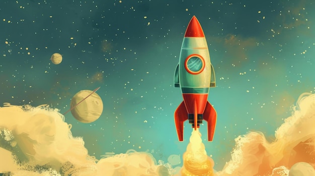 Eine skurrile Illustration einer Zeichentrickfilm-Rakete, die farbenfroh und spielerisch durch einen Fantasie-Himmel schwebt, mit einfallsreichen Details von AI Generative