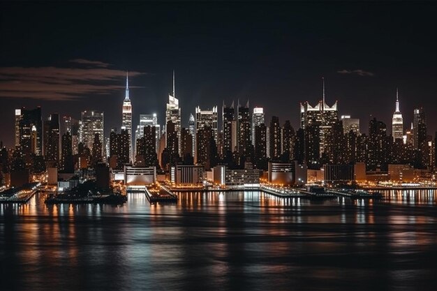 Eine Skyline der Stadt bei Nacht mit einem beleuchteten Gebäude im Vordergrund.