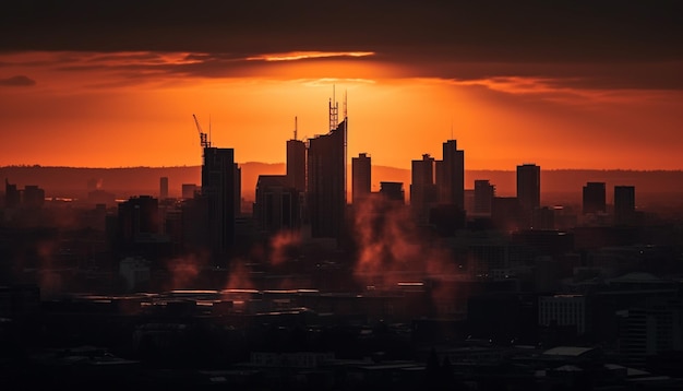 Eine Skyline der Stadt mit dem Sonnenuntergang dahinter